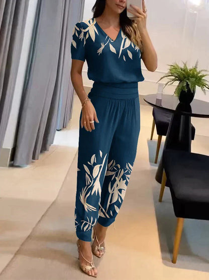 Orlina | Women Casual Two Piece Set with V Neck Top and Loose Pants
