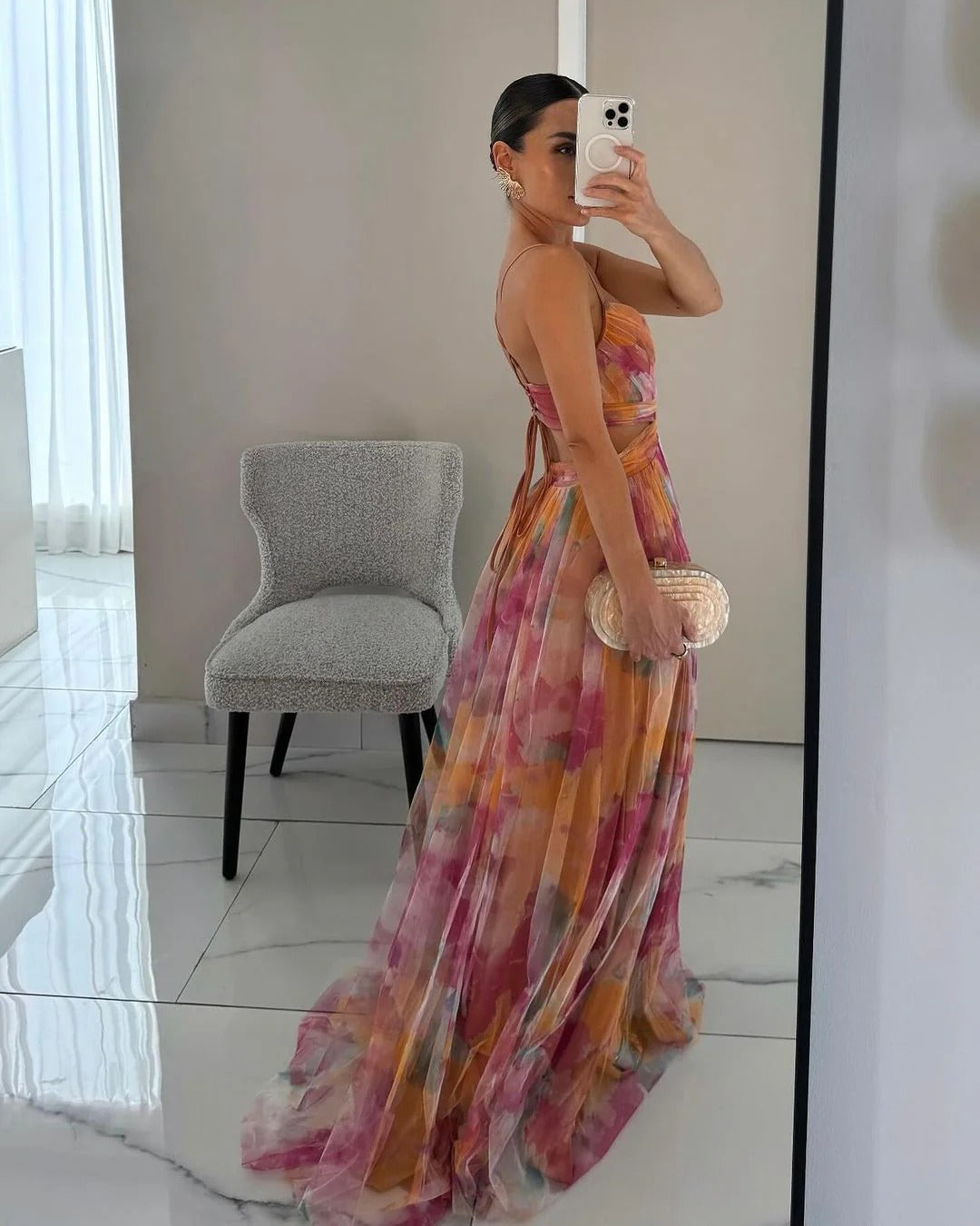 Mia | Floral Long Elegant Dress with Spaghetti Straps and Twist Front