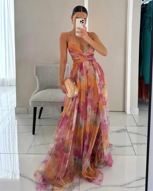 Mia | Floral Long Elegant Dress with Spaghetti Straps and Twist Front