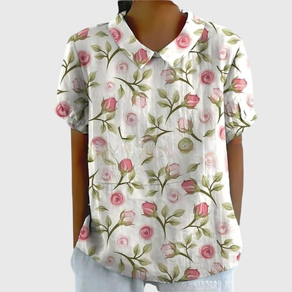 Ivy | Floral Blouse with Short Sleeve Button Front Design