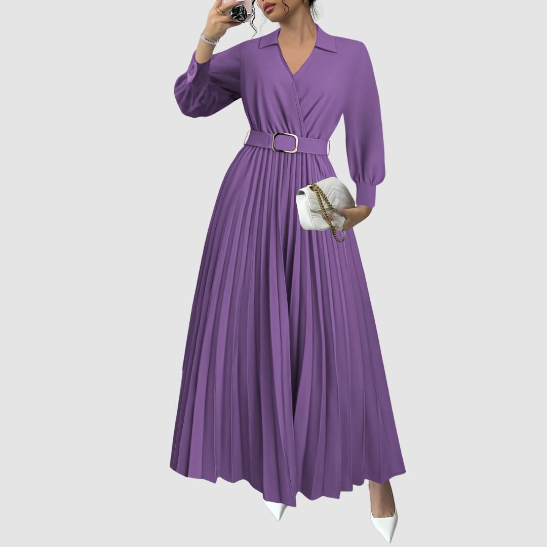 Aurora | Pleated Belted Midi Dress with Long Sleeves