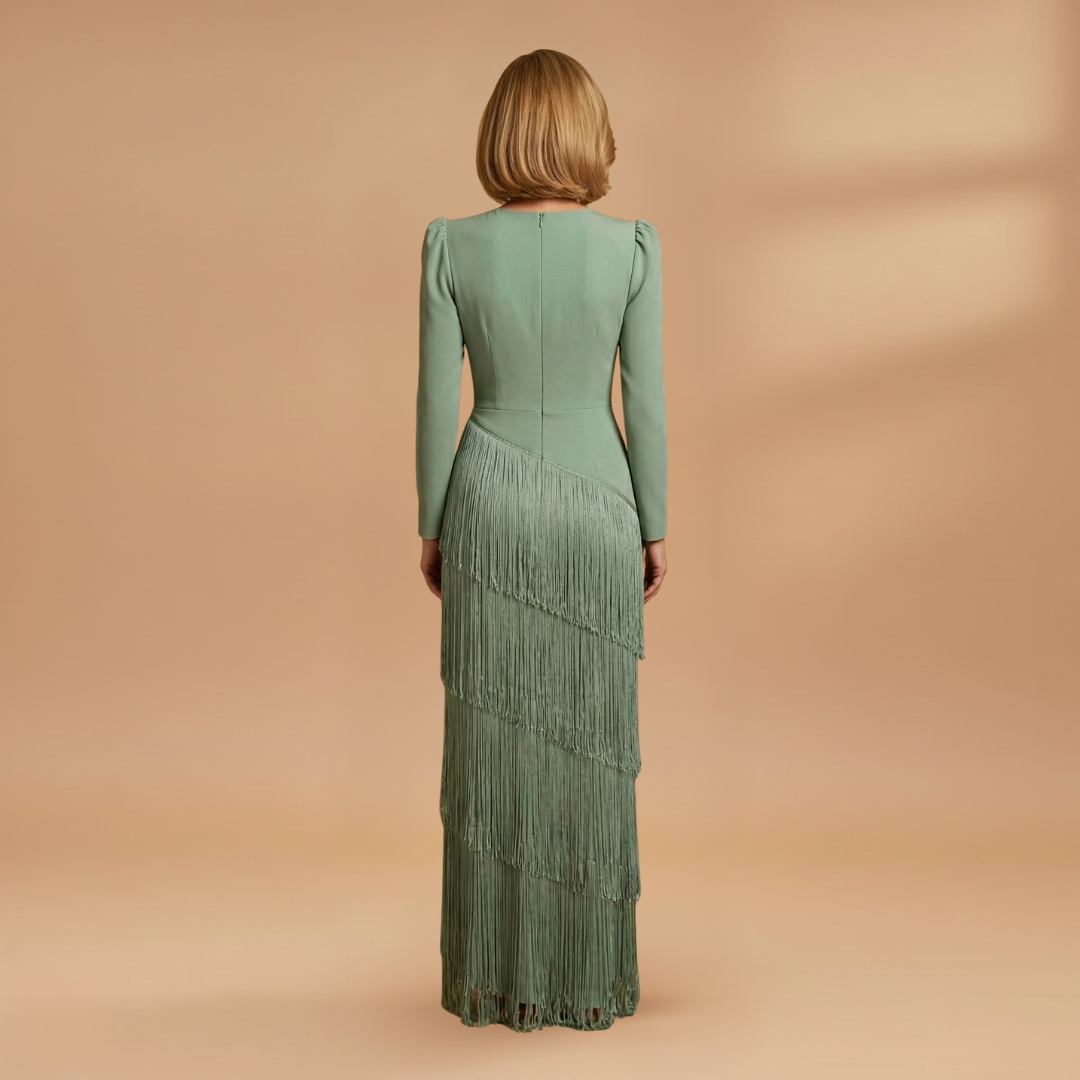 Amelia | Women’s banquet dress with V neck tassel hem
