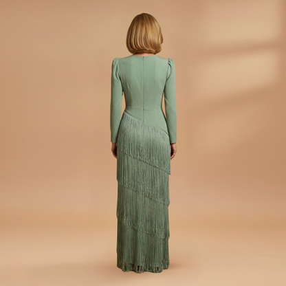 Amelia | Women’s banquet dress with V neck tassel hem