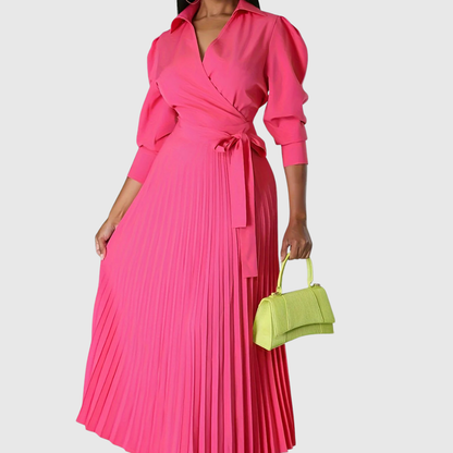Luna | Pleated Wrap Midi Dress with Long Sleeves