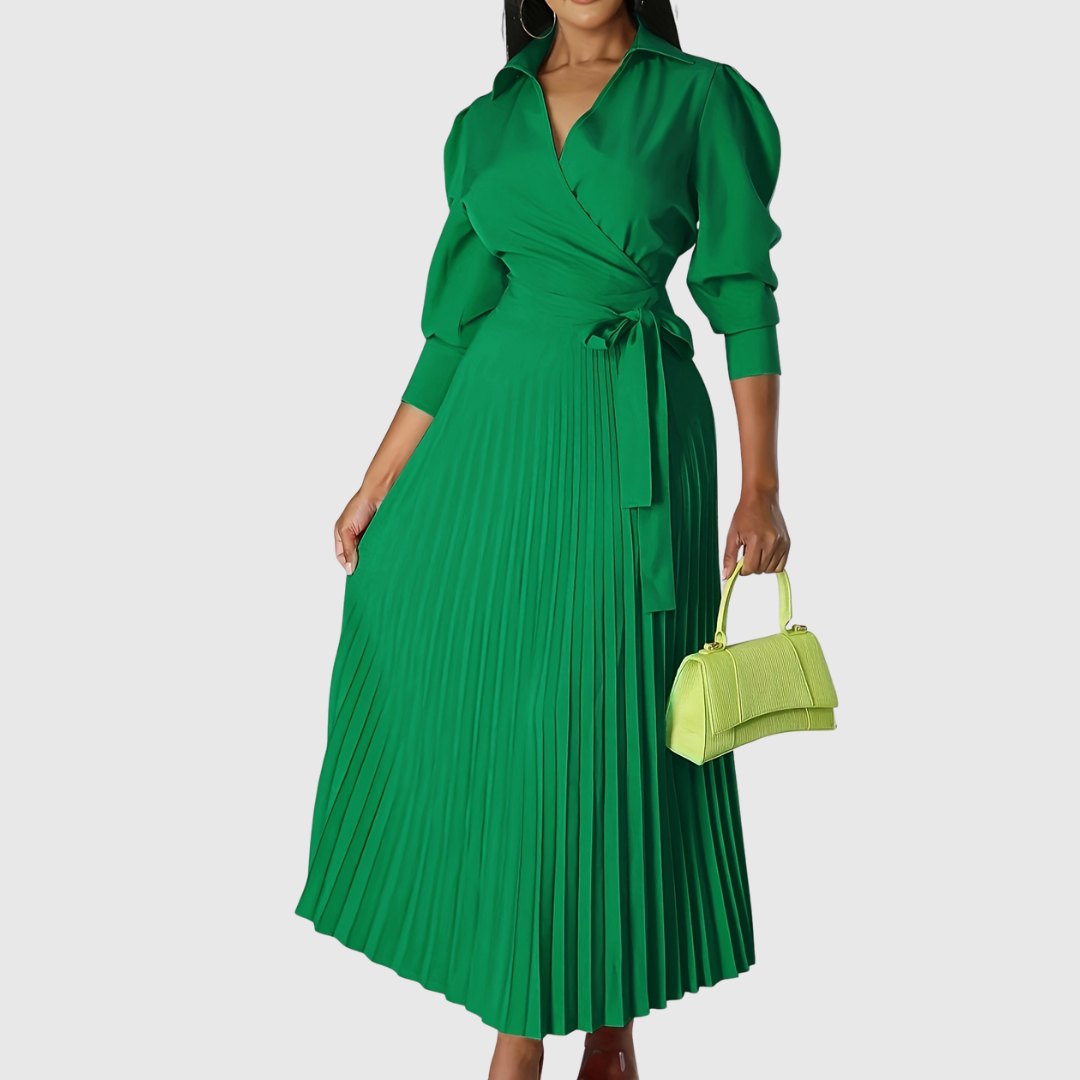 Luna | Pleated Wrap Midi Dress with Long Sleeves