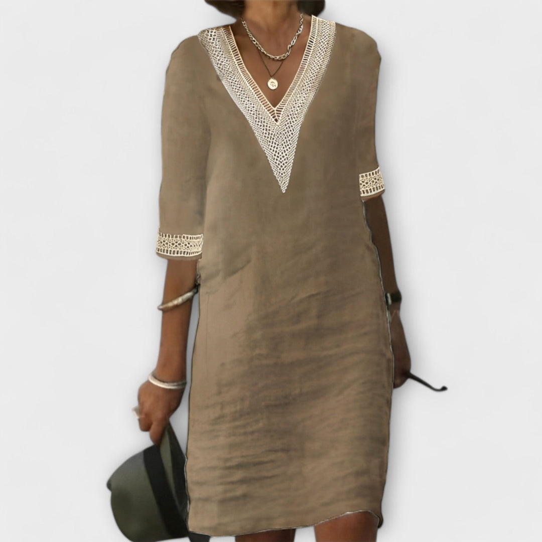 Sophie | Women’s boho relaxed dress with lace trim V neck