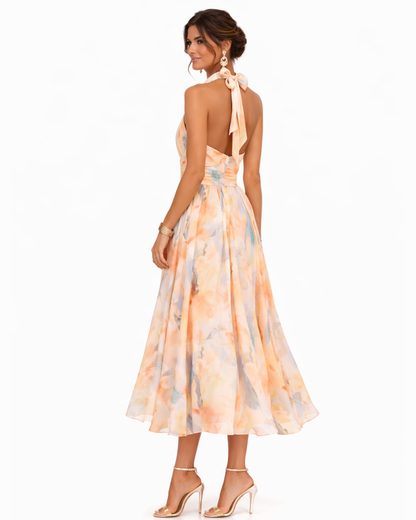 Layla | Watercolor print halter neck midi dress with flowing fit