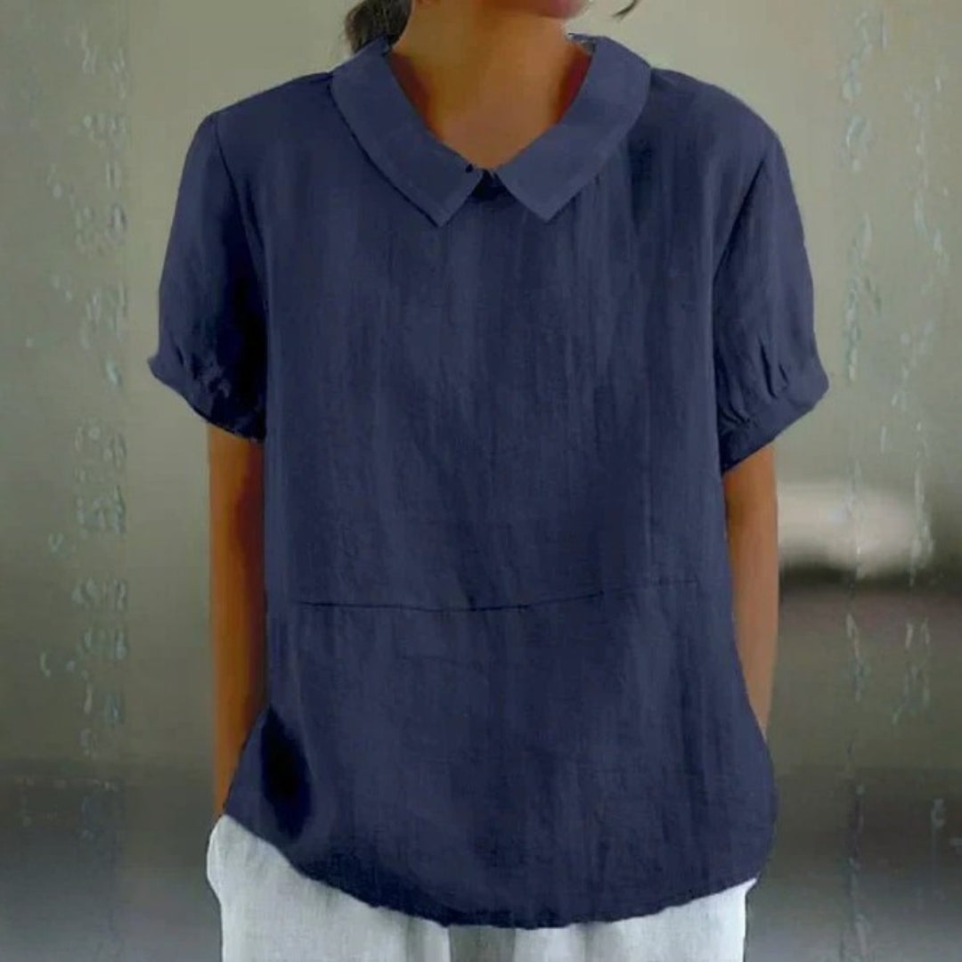 Adeline | Women Linen Peter Pan Collar Blouse with Soft Short Sleeve