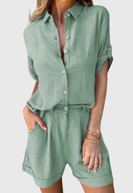 Elvoria | Women Casual Summer Outfit with Short Sleeve Shirt and Matching Shorts Set