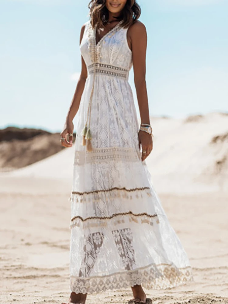Ruby | Women’s boho split sleeveless maxi dress with V neck