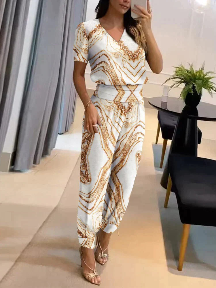 Orlina | Women Casual Two Piece Set with V Neck Top and Loose Pants