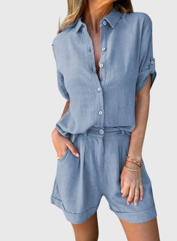 Elvoria | Women Casual Summer Outfit with Short Sleeve Shirt and Matching Shorts Set
