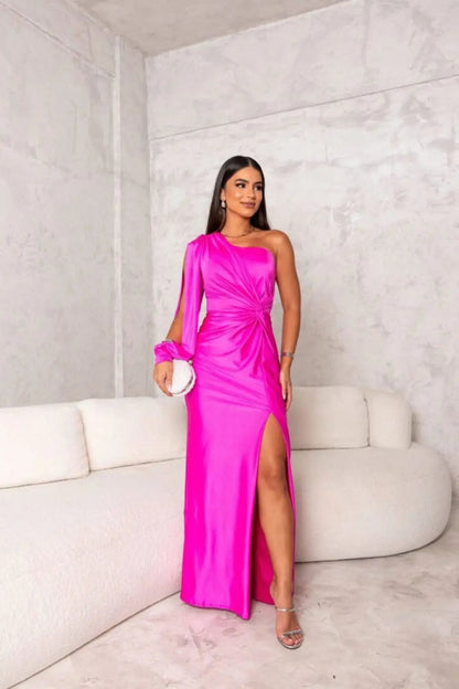 Monroe | One shoulder maxi dress with draped sleeve slit