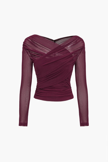 Selene | Women top with ruched detail and mesh long sleeves