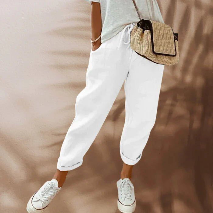 Yalena | Women’s Linen-Blend Drawstring Waist Trousers | Lightweight