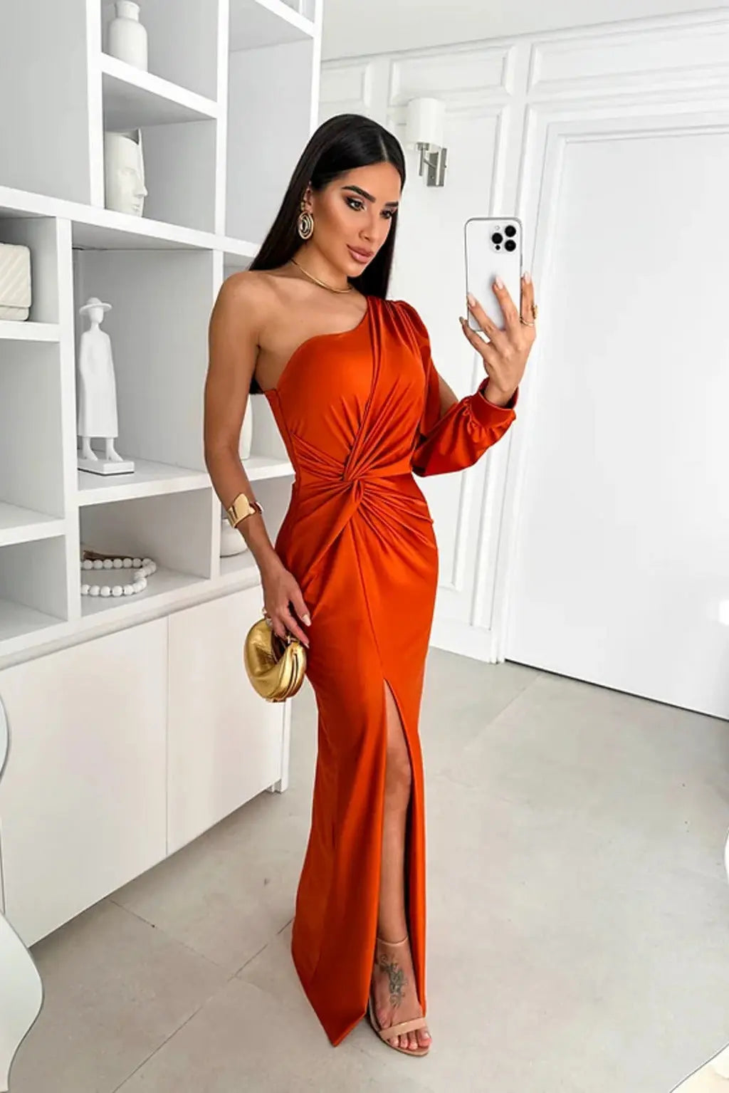 Monroe | One shoulder maxi dress with draped sleeve slit