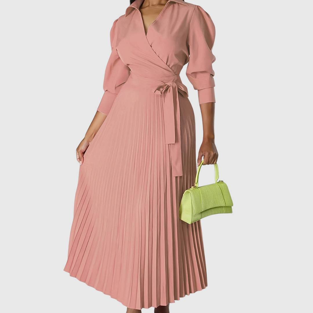 Luna | Pleated Wrap Midi Dress with Long Sleeves