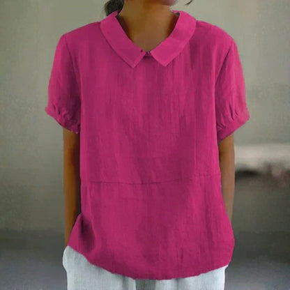 Adeline | Women Linen Peter Pan Collar Blouse with Soft Short Sleeve