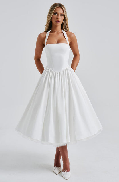 Phoebe | Women’s Elegant Halter Neck Midi Dress With Pleated Skirt