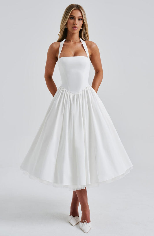 Phoebe | Women’s Elegant Halter Neck Midi Dress With Pleated Skirt