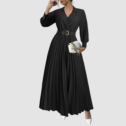 Aurora | Pleated Belted Midi Dress with Long Sleeves