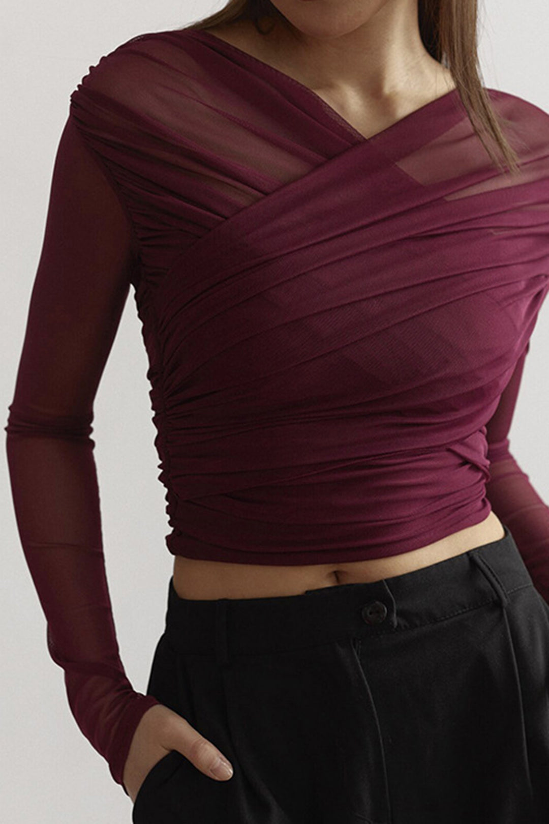 Selene | Women top with ruched detail and mesh long sleeves