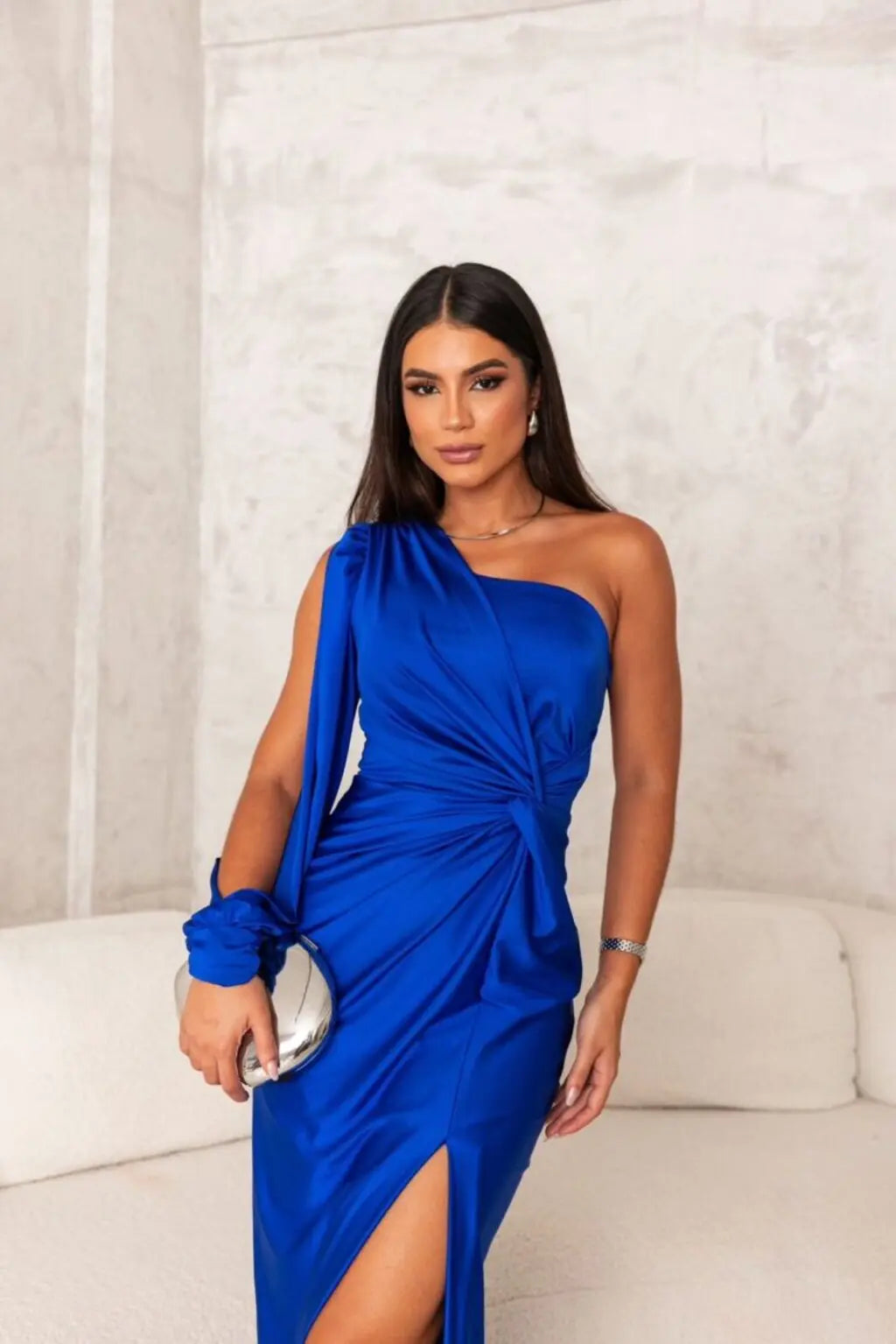 Monroe | One shoulder maxi dress with draped sleeve slit