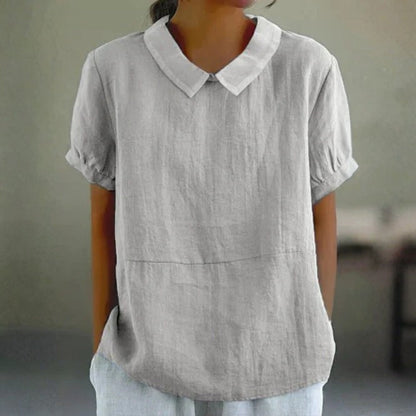 Adeline | Women Linen Peter Pan Collar Blouse with Soft Short Sleeve