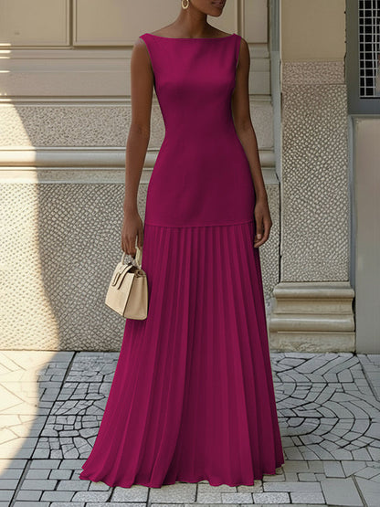 Stella | Pleated evening maxi dress with boat neck gauze