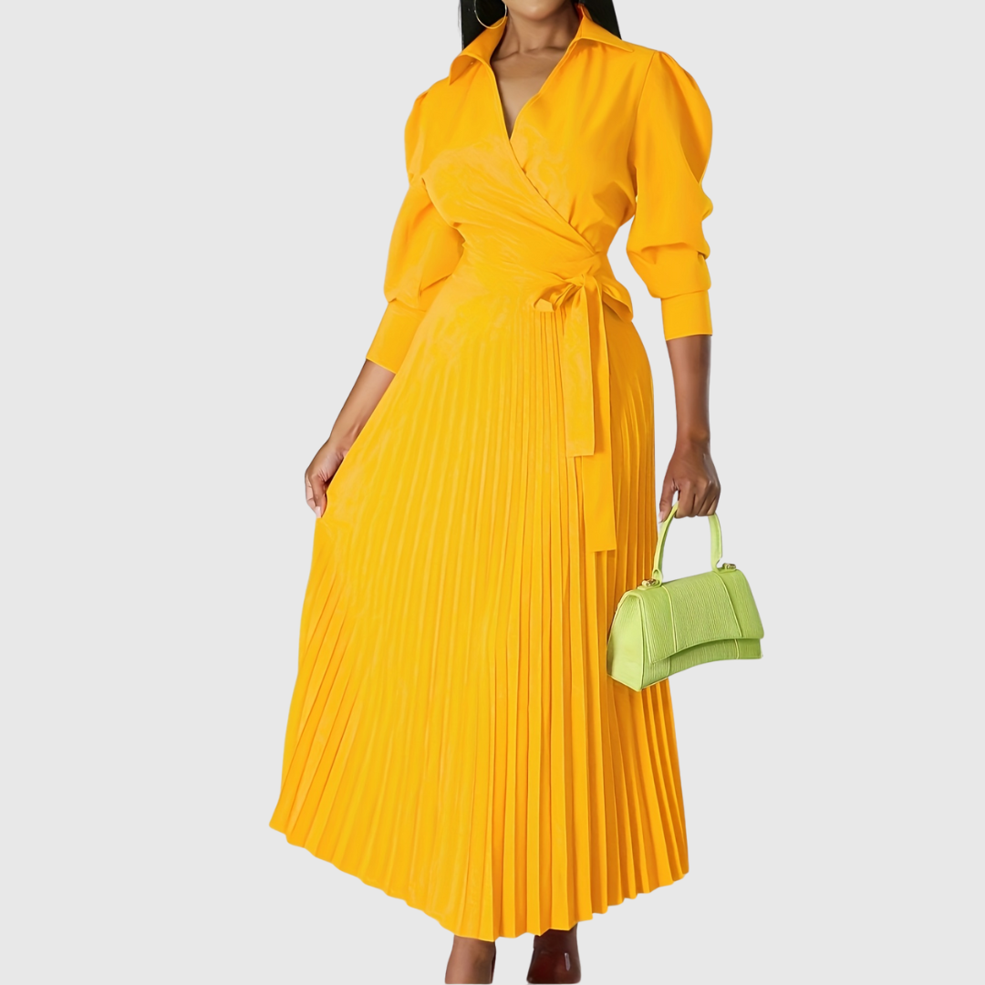 Luna | Pleated Wrap Midi Dress with Long Sleeves