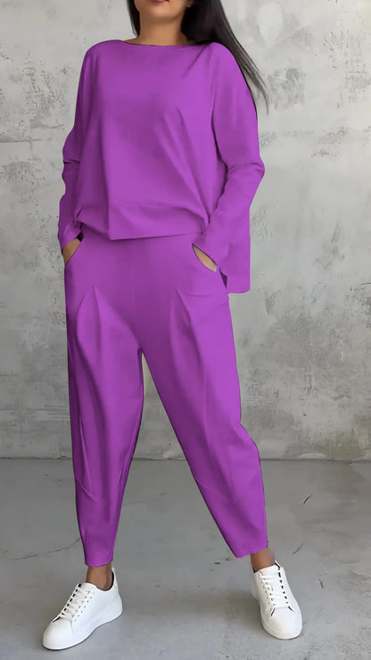 Solviera | Women Two Piece Set with Long Sleeve Top and Relaxed Fit Pants