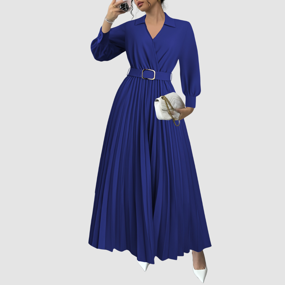 Aurora | Pleated Belted Midi Dress with Long Sleeves
