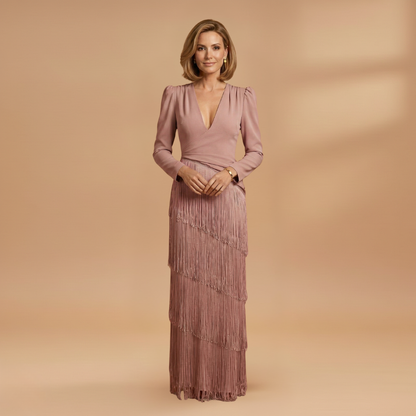 Amelia | Women’s banquet dress with V neck tassel hem