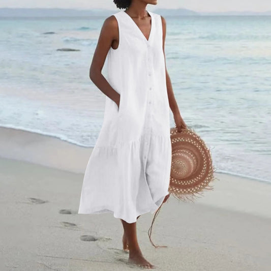 Sophia | Casual Sleeveless Midi Summer Dress with V Neck and Pockets