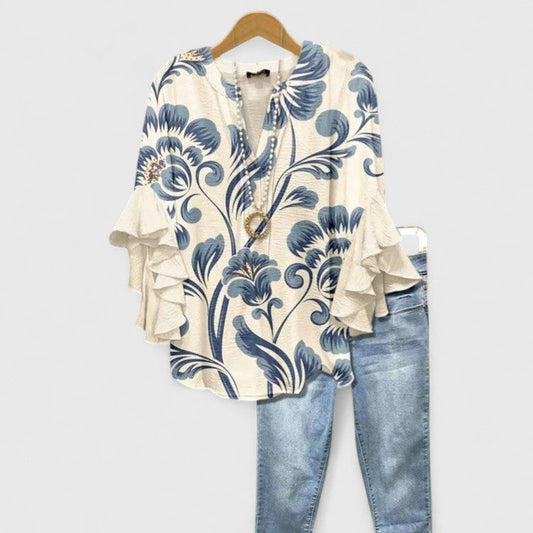 Naomi | Comfortable Blouse with Floral Print Ruffle Sleeve Design