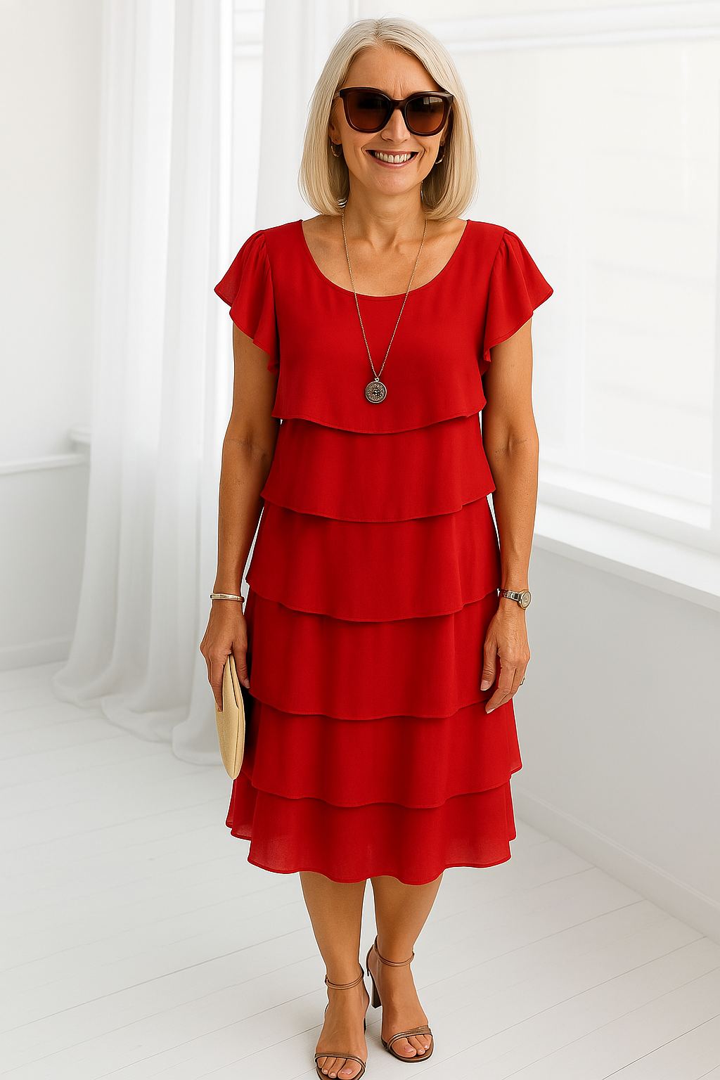 Karina | Short sleeve layered midi dress with flowy silhouette