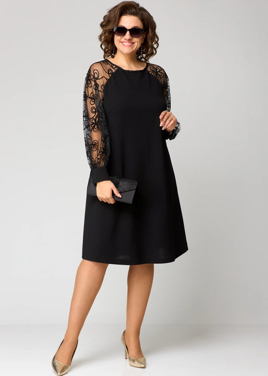 Victoria | Black A Line Cocktail Dress with Sheer Embroidered Sleeves