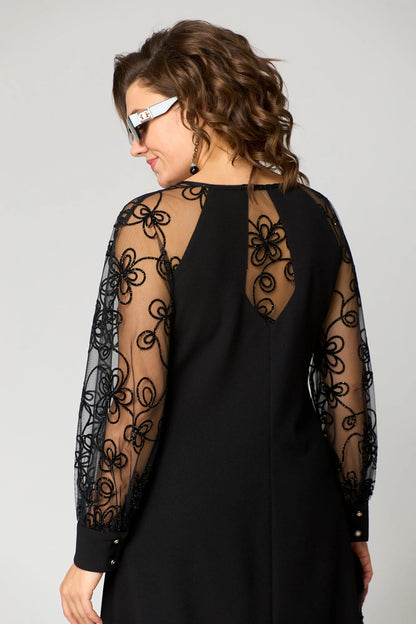 Victoria | Black A Line Cocktail Dress with Sheer Embroidered Sleeves