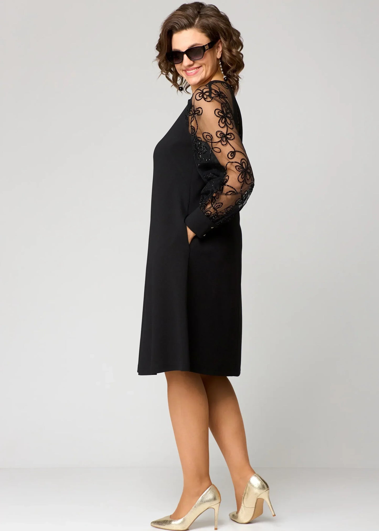 Victoria | Black A Line Cocktail Dress with Sheer Embroidered Sleeves