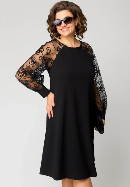 Victoria | Black A Line Cocktail Dress with Sheer Embroidered Sleeves