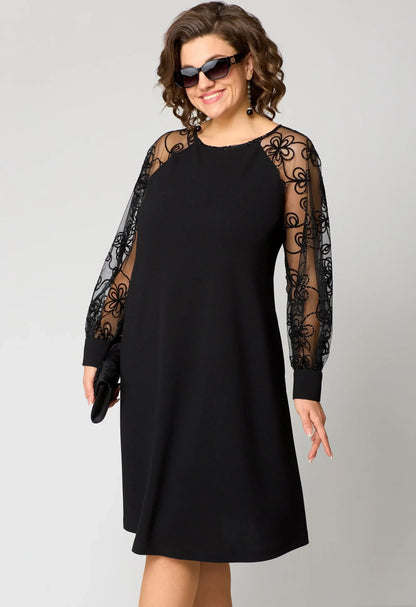Victoria | Black A Line Cocktail Dress with Sheer Embroidered Sleeves
