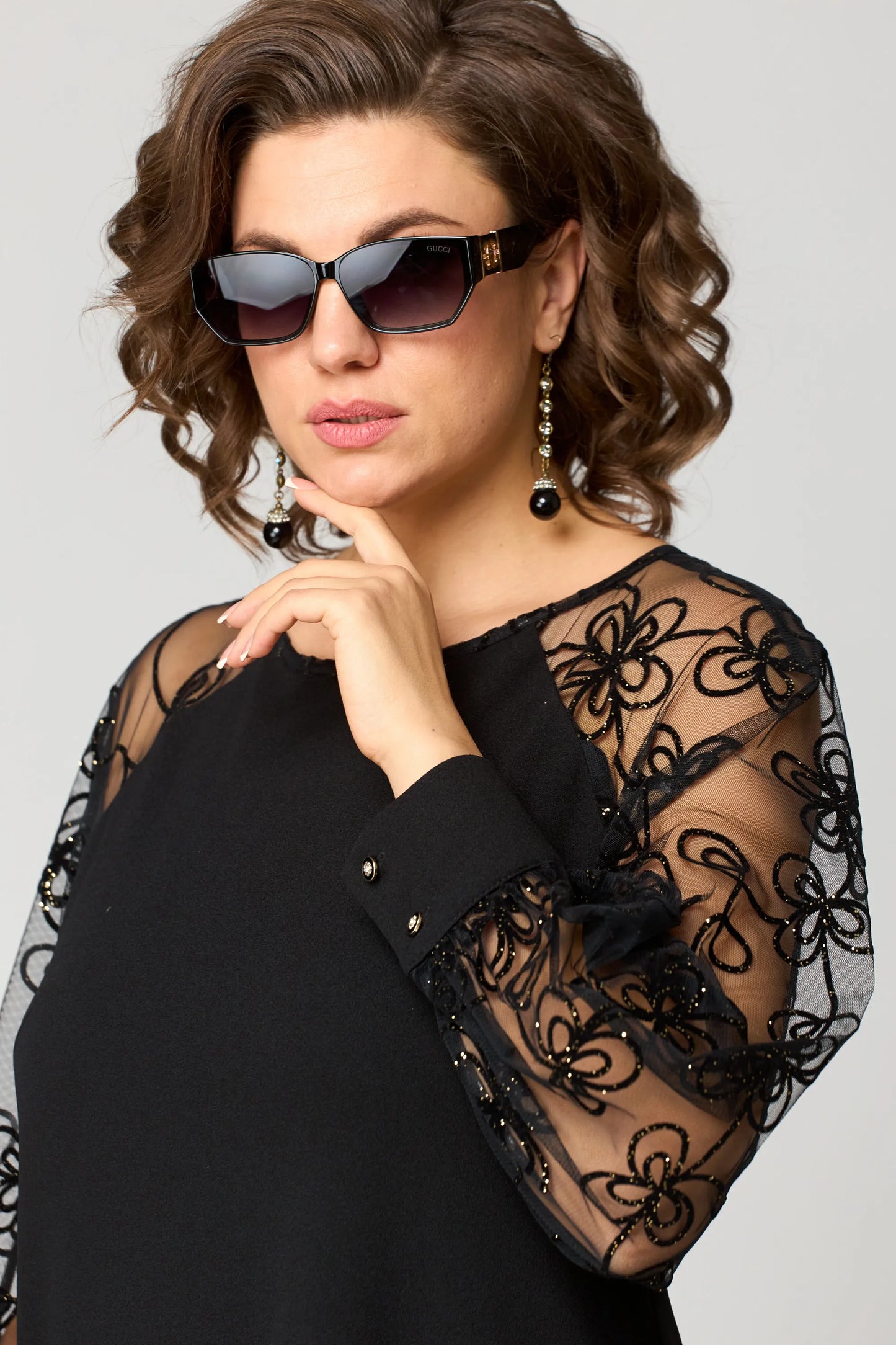 Victoria | Black A Line Cocktail Dress with Sheer Embroidered Sleeves