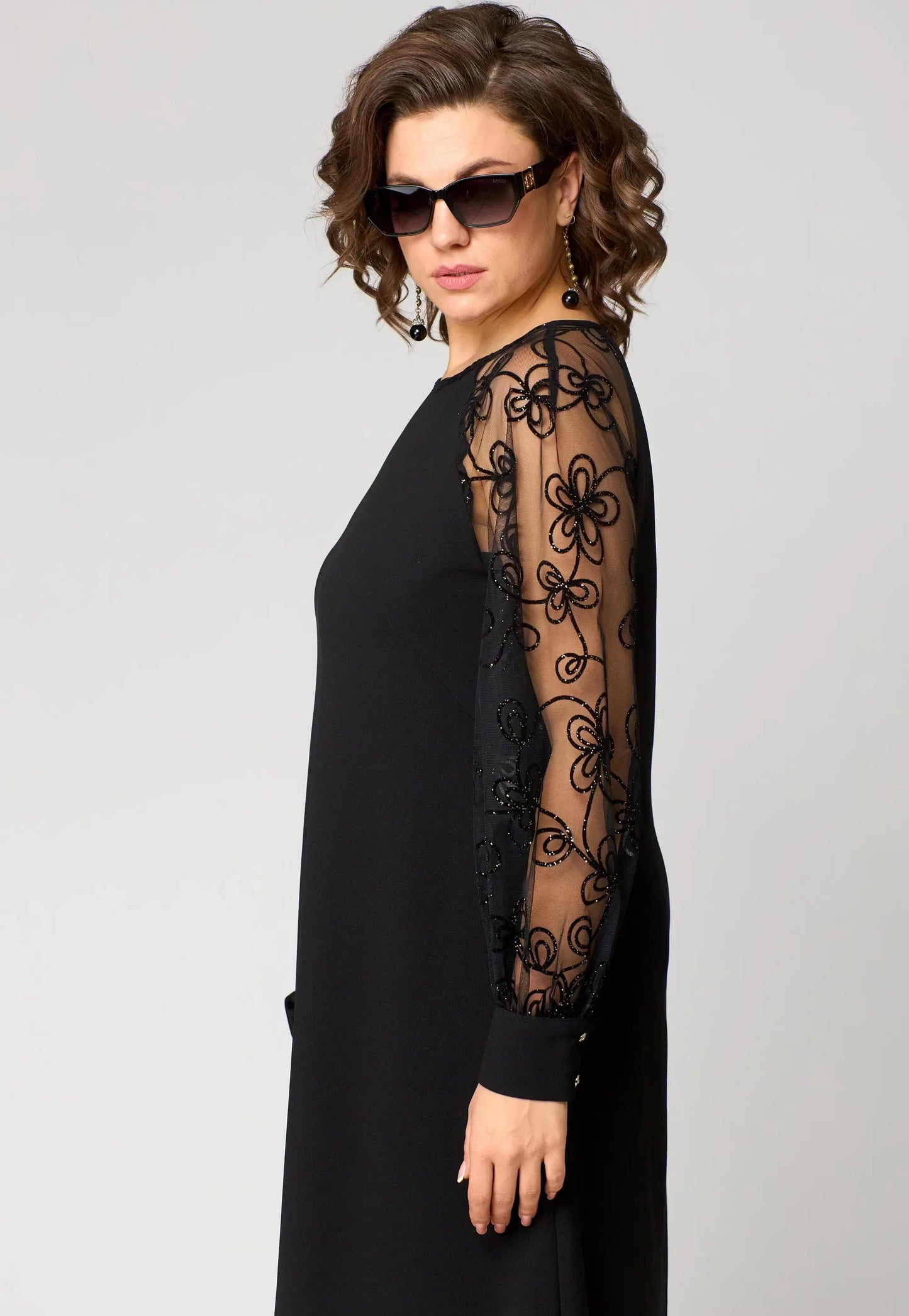 Victoria | Black A Line Cocktail Dress with Sheer Embroidered Sleeves