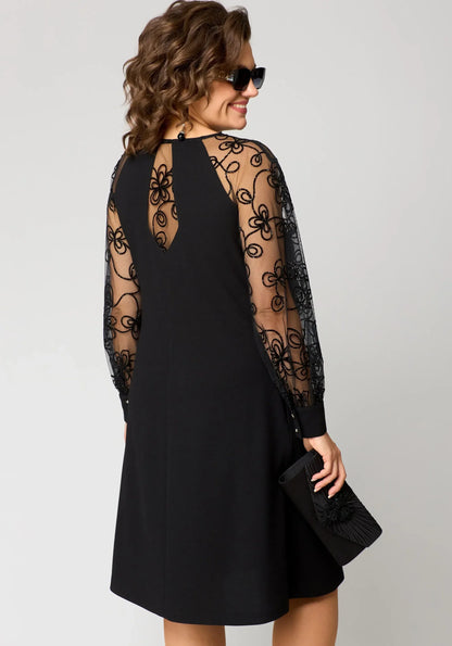Victoria | Black A Line Cocktail Dress with Sheer Embroidered Sleeves