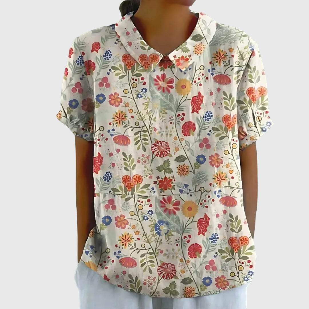 Ivy | Floral Blouse with Short Sleeve Button Front Design