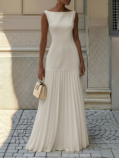 Stella | Pleated evening maxi dress with boat neck gauze