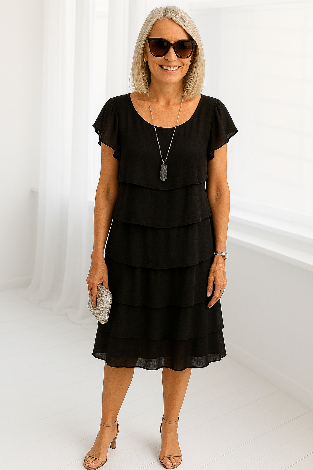 Karina | Short sleeve layered midi dress with flowy silhouette