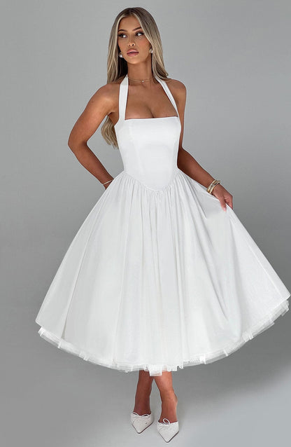 Phoebe | Women’s Elegant Halter Neck Midi Dress With Pleated Skirt