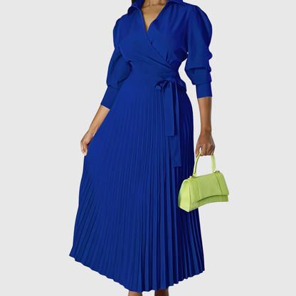 Luna | Pleated Wrap Midi Dress with Long Sleeves