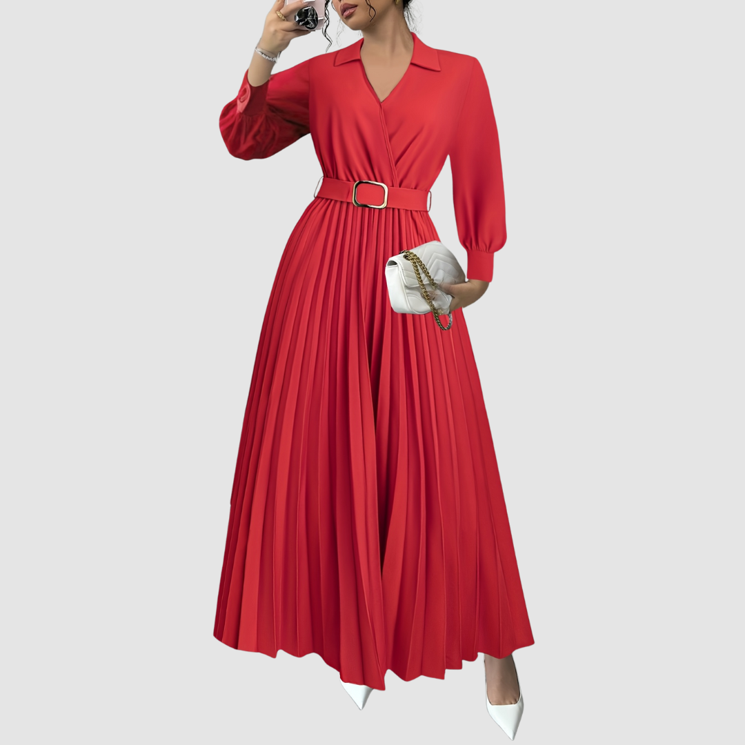 Aurora | Pleated Belted Midi Dress with Long Sleeves